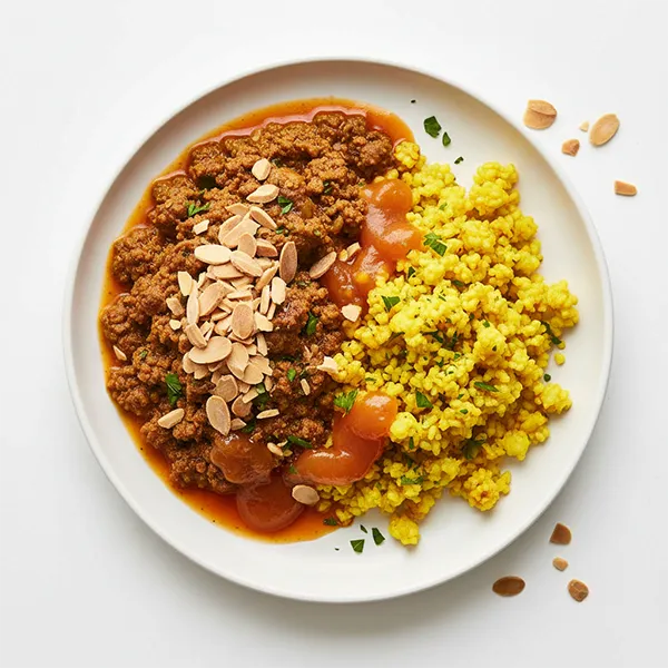 Curried Minced Beef with Toasted Almonds, Turmeric-Infused Bulgur & Apricot Sauce